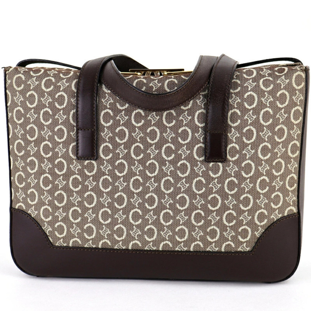 Celine One Boston canvas bag handbag leather brown C Macadam Brown